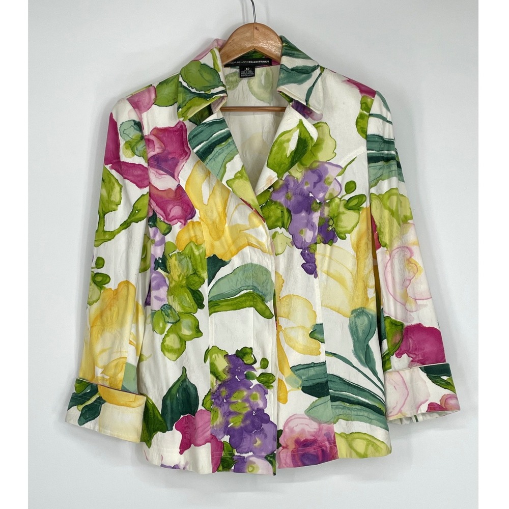 Linda Allard Ellen Tracy Women 12 Blazer White Floral Jacquard Jacket